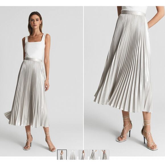 Reiss Metallic Pleat Skirt Shimmering Silver Midi Accordion Pleats Size 8 - Picture 7 of 7